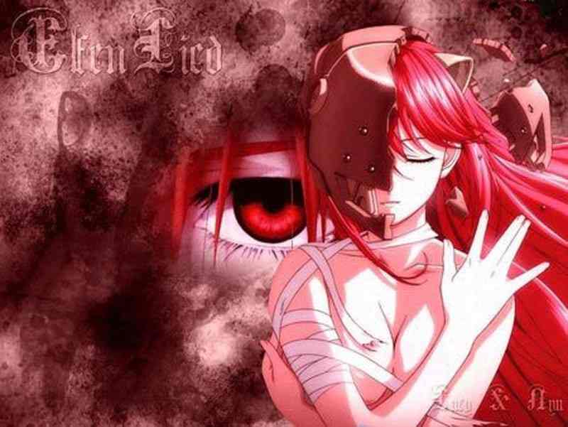 La protagonista di Elfen Lied con le braccia incrociate, la spalla destra fasciata, e un occhio gigante rosso, sullo sfondo.