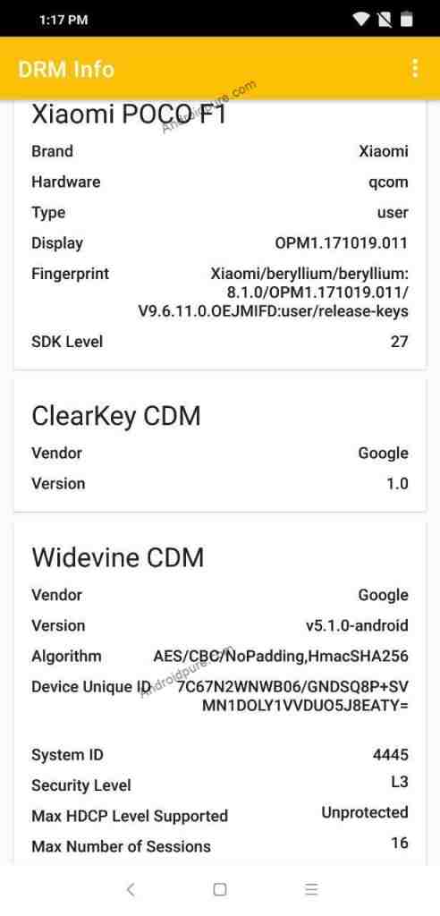 Poco F1 does not support Widevine L1 DRM