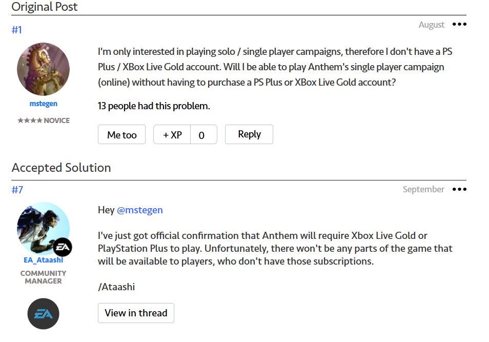 anthem richiederà abbonamento ps plus o xbox live gold