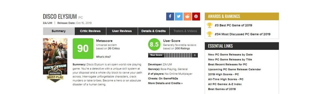 disco elysium metacritic