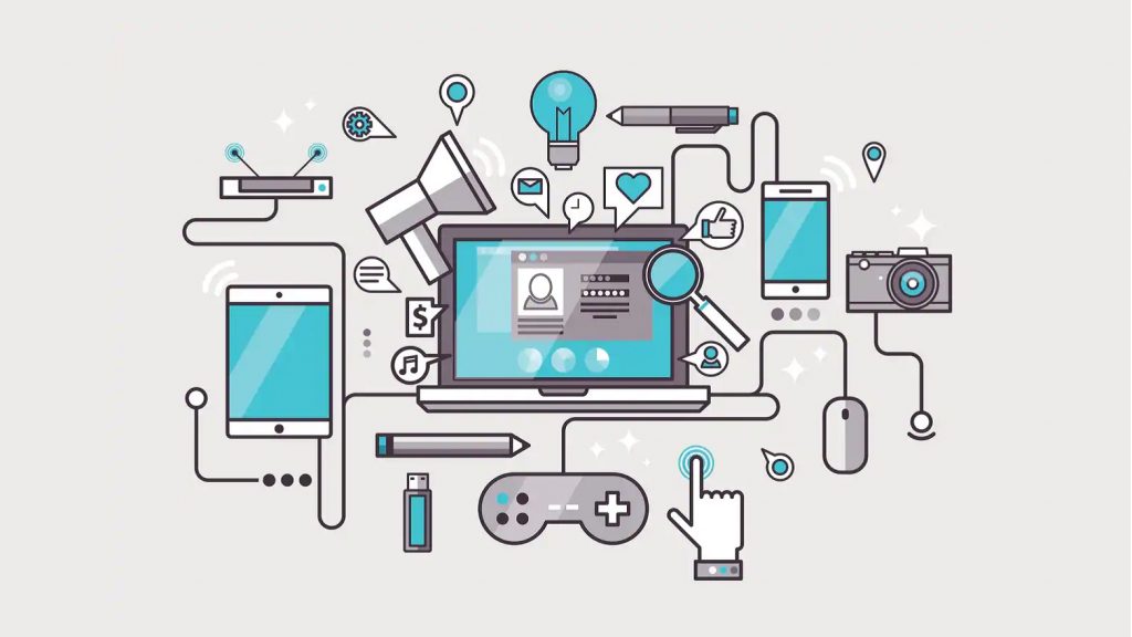 illustrazione di dispositivi elettronici: smartphone, tv, gamepad, eccetera