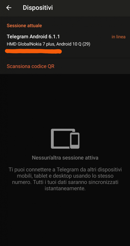 screenshot: vedere e terminare le sessioni dei diversi dispositivi con accesso a Telegram