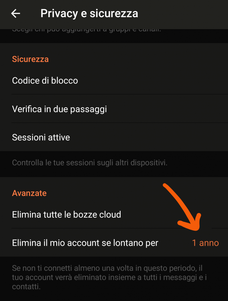 screenshot: impostare eliminazione account dopo 1 anno Telegram