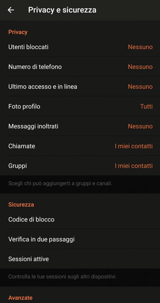 screenshot: impostazioni privacy e sicurezza Telegram