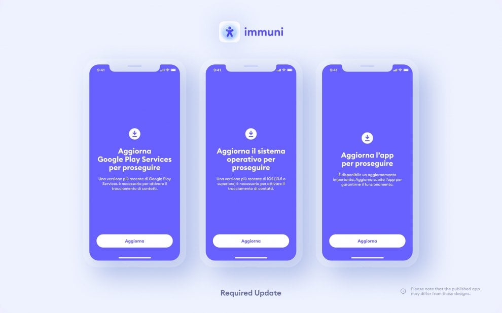 schermate avviso aggiornamenti Immuni