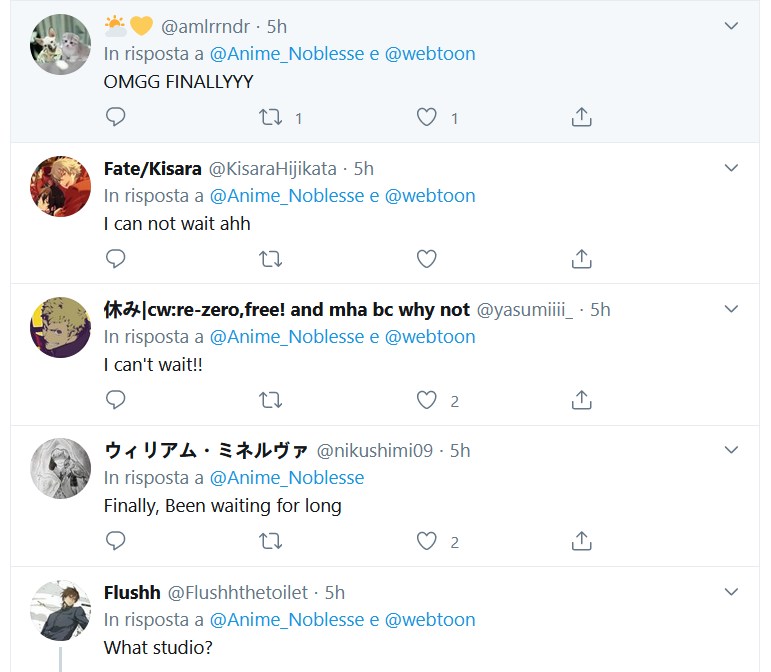 Tweet che comunicano entusiasmo per l'uscita dell'anime Noblesse