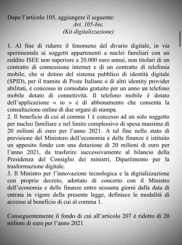 Kit digitalizzazione governo italiano smartphone in comodato gratuito