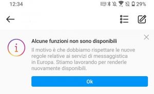 Instagram Facebook notifica funzioni non disponibili