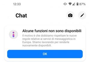 Facebook Messenger notifica funzioni non disponibili