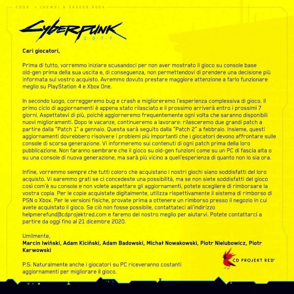 Lettera di scuse da parte di CD Projekt RED sullo stato di Cyberpunk 2077 e annuncio dei rimborsi.