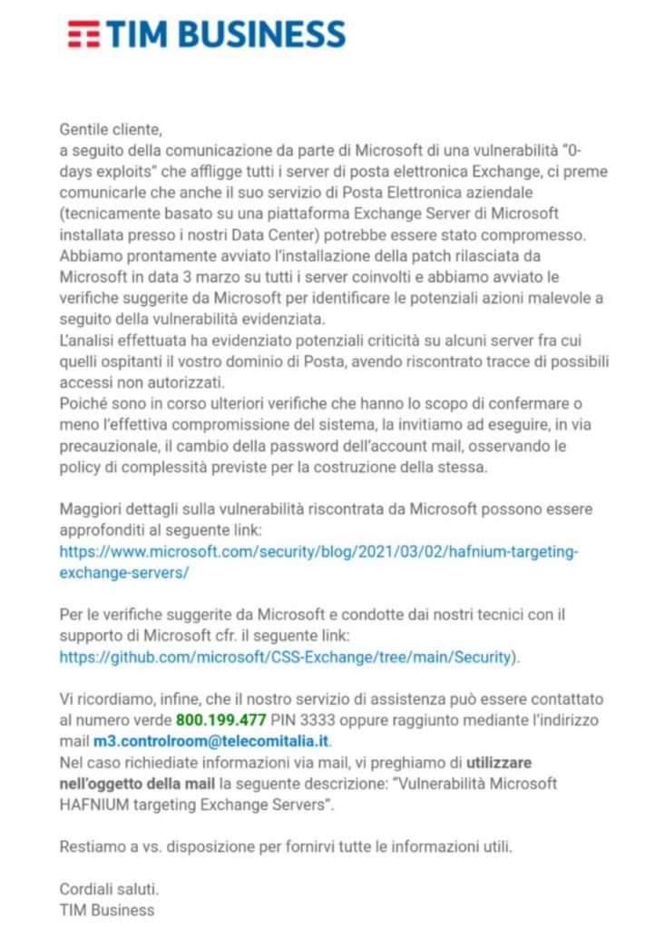 TIM Business attacco hacker Microsoft Exchange comunicato ai clienti