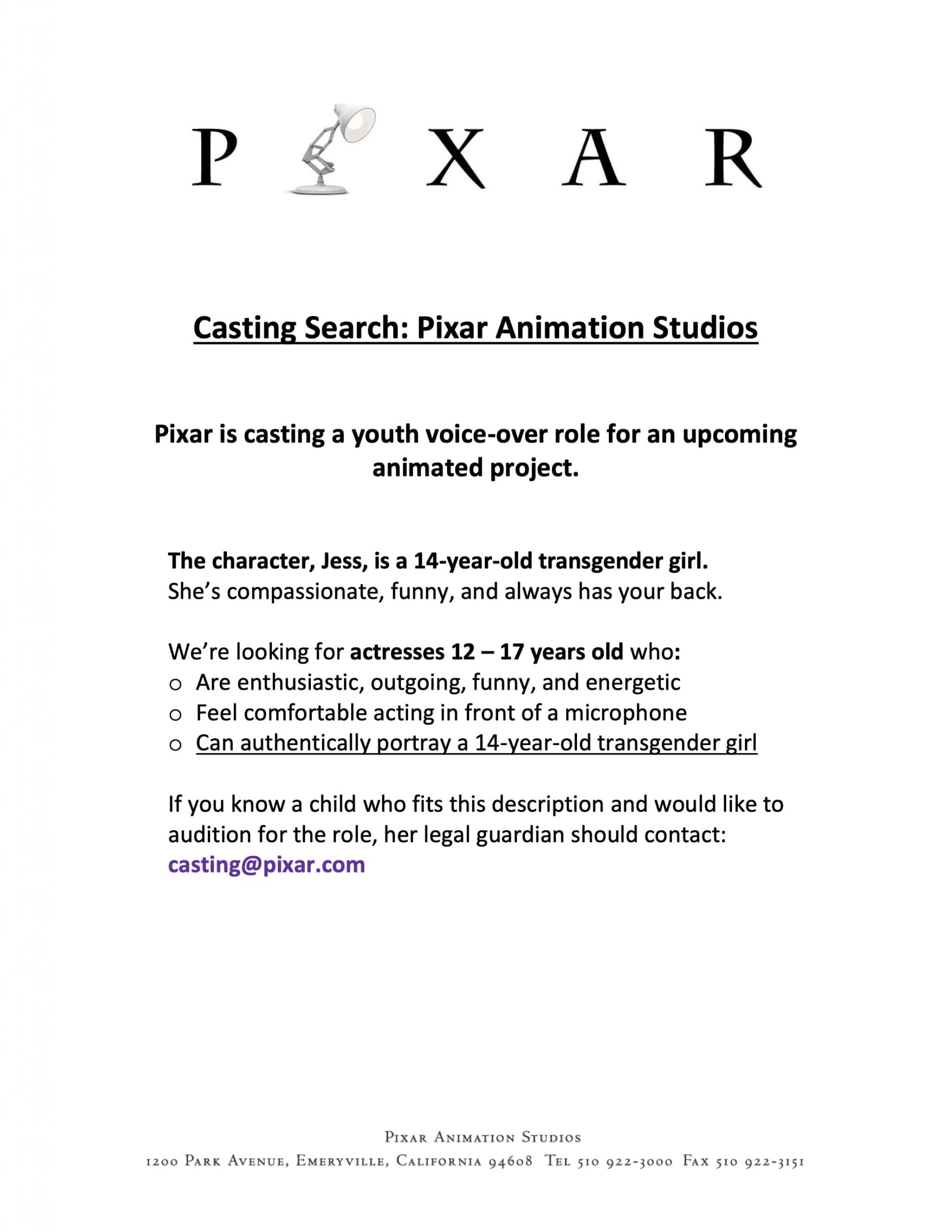 Pixar annuncio casting