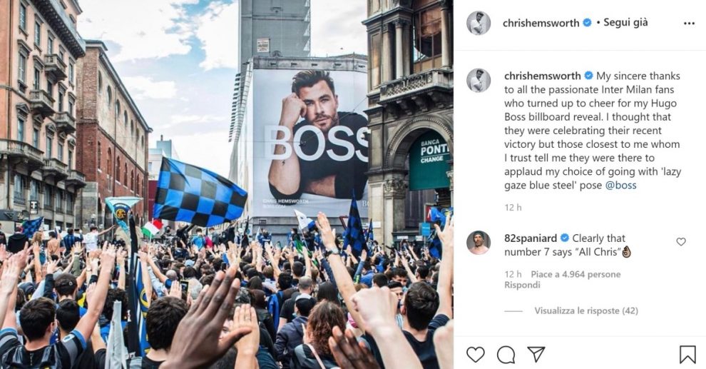 Chris Hemsworth scherza su Instagram: «Grazie a tutti i tifosi dell'Inter  che hanno festeggiato l'esposizione del mio cartellone di Hugo Boss»