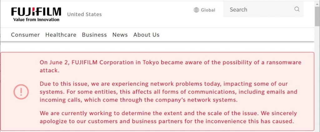 Fujifilm attacco hacker ransomware