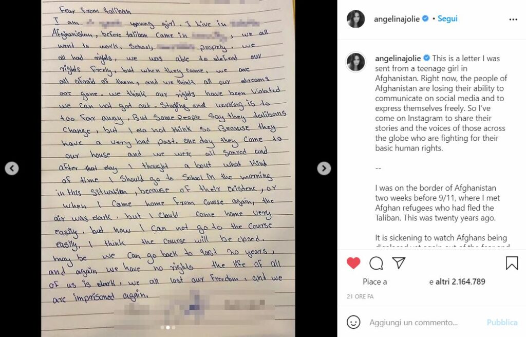 angelina jolie instagram lettera