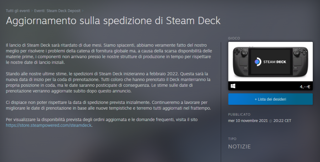 steam deck rinvio