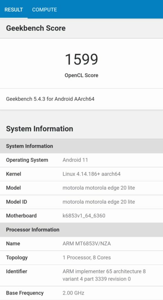 Motorola Edge 20 Lite GPU Benchmark