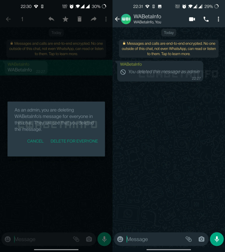 WhatsApp cancellazione messaggi admin