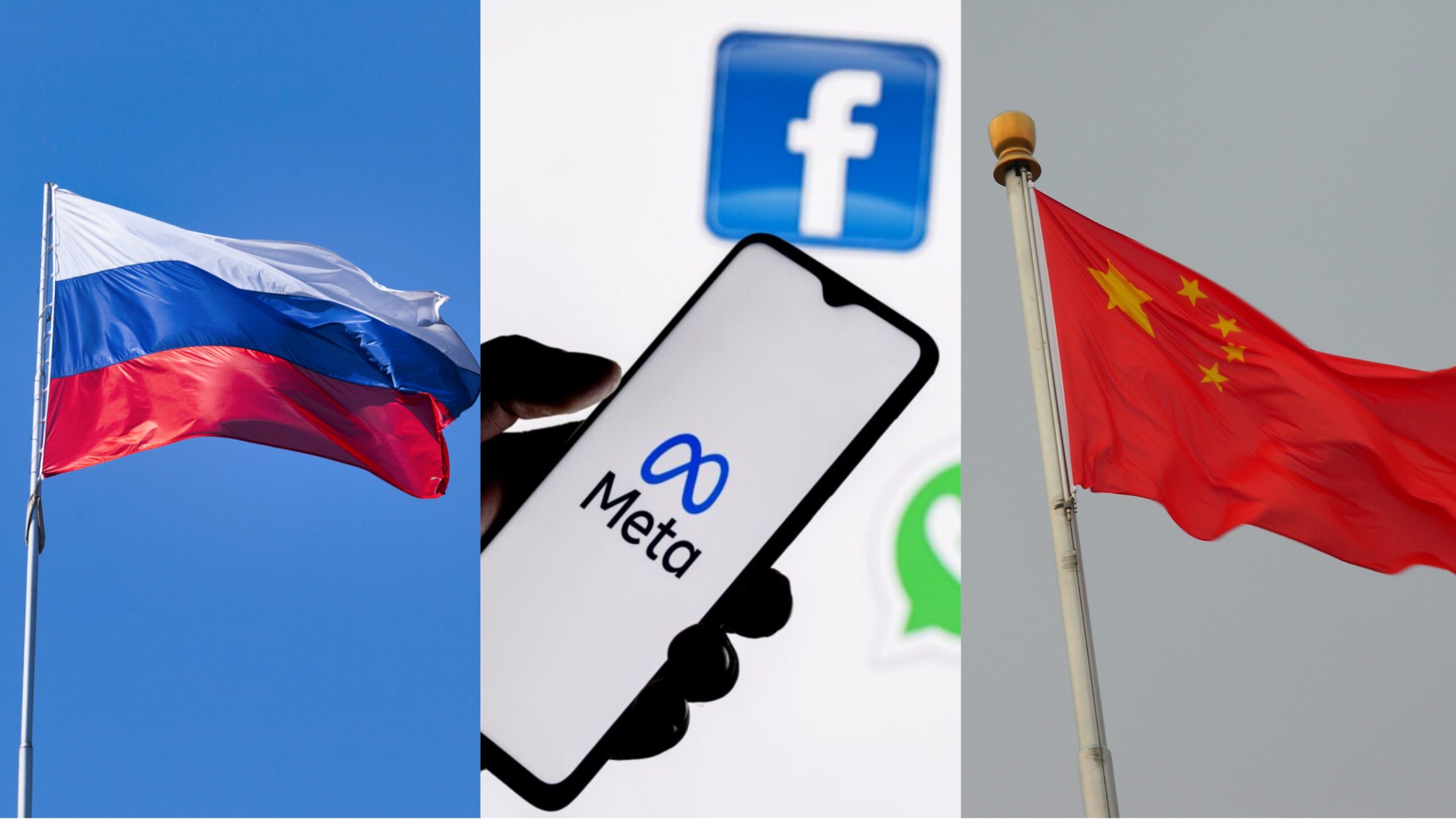 Bandiera russa, logo Meta e bandiera cinese