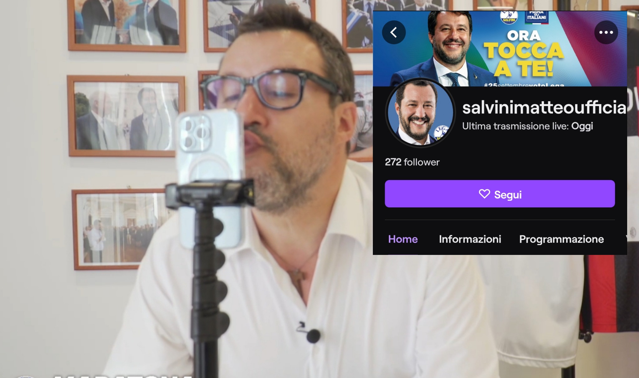 Salvini che trasmette una live su Twitch