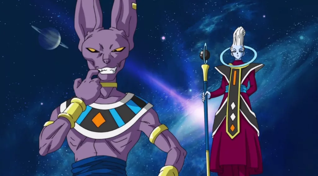 Beerus e Whis nello spazio dopo aver distrutto un pianeta