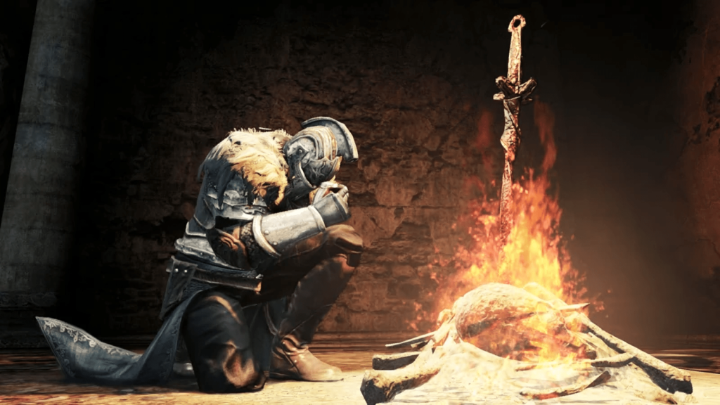 Dark-Souls-Knight-kneeling-before-eternal-flame