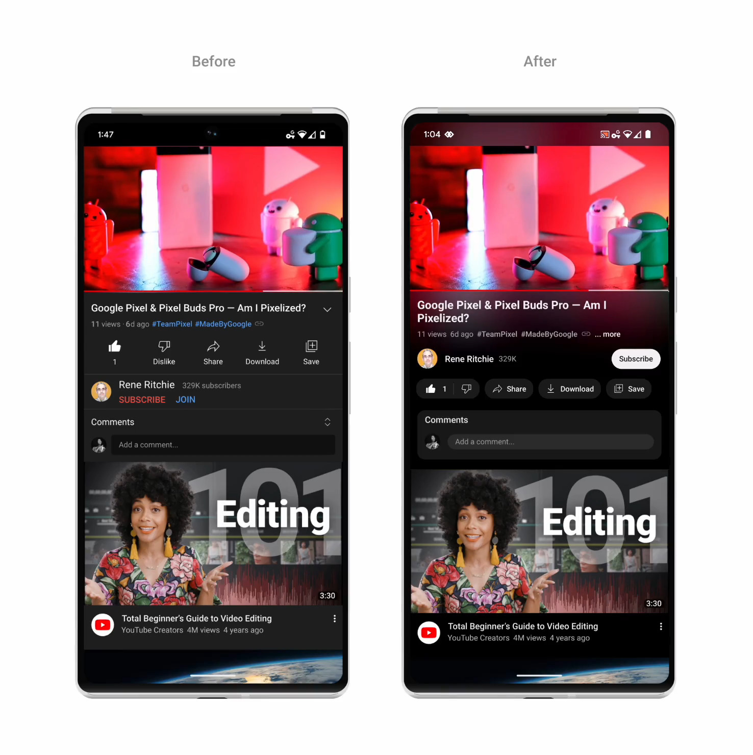 YouTube mobile app confronto prima e dopo