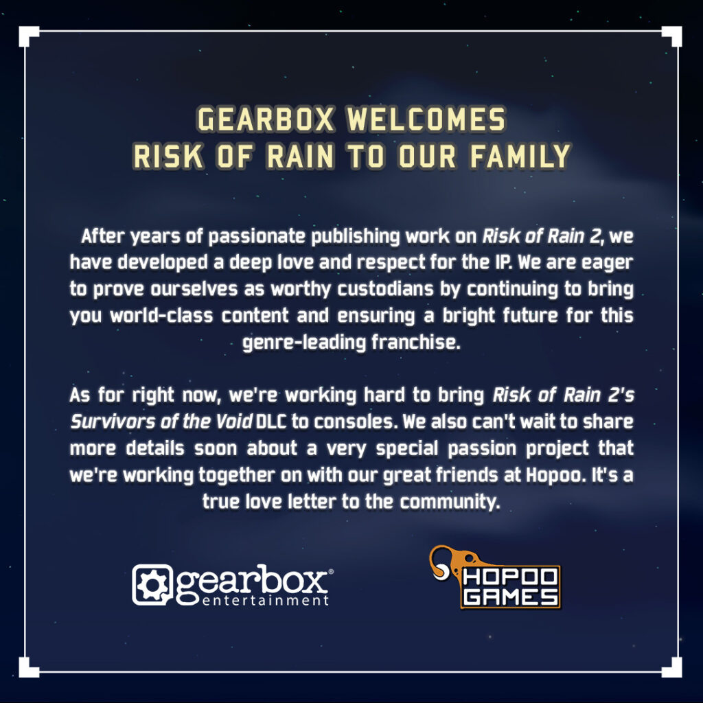 Risk of Rain viene acquistato da Gearbox, che pubblicherà anche un "Passion Project" dei creatori 2 FhubHh8aMAMAu5J