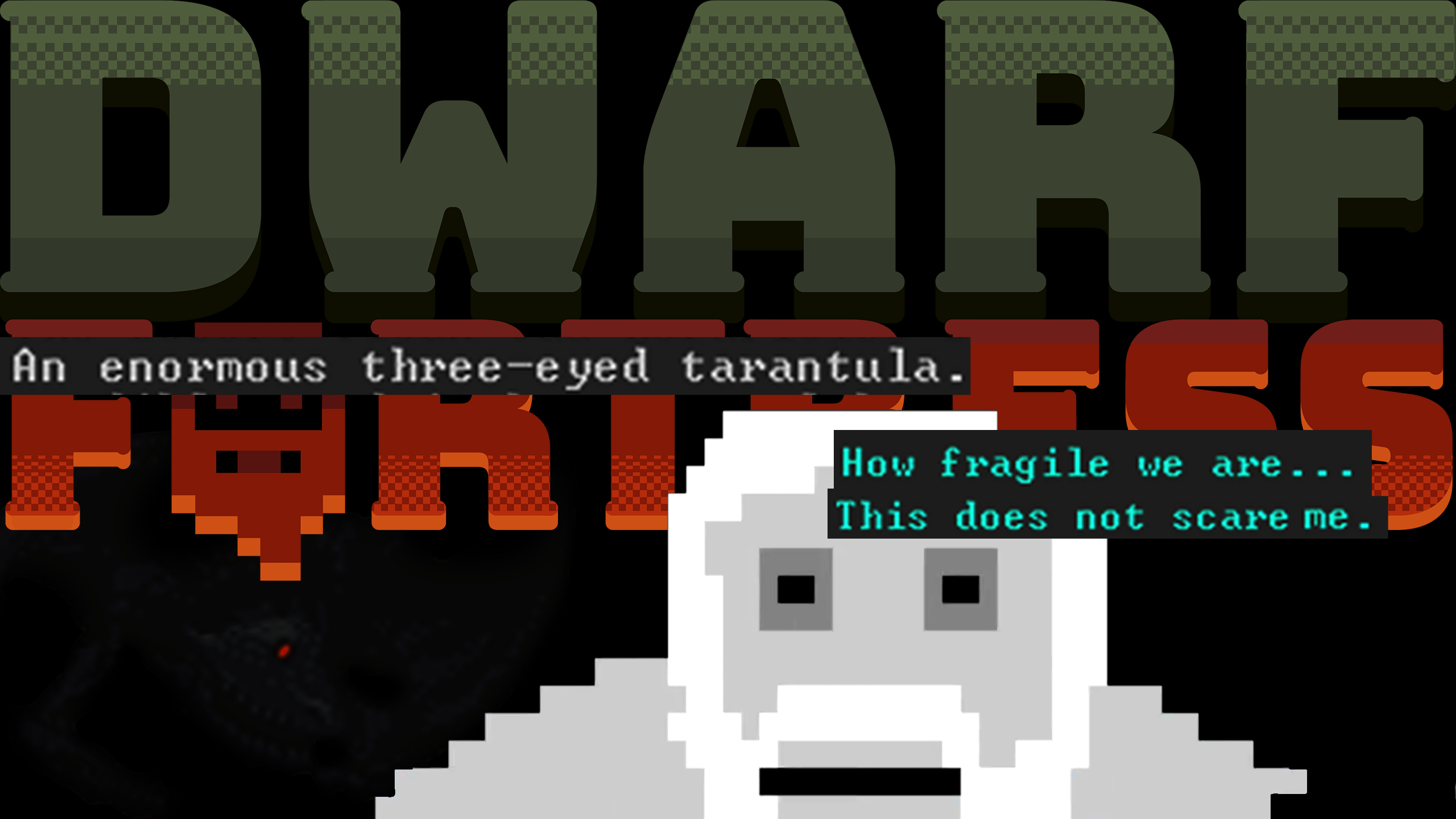 Dwarf Fortress Nano posa davanti al titolo circondato da demone in penombra e frasi meme