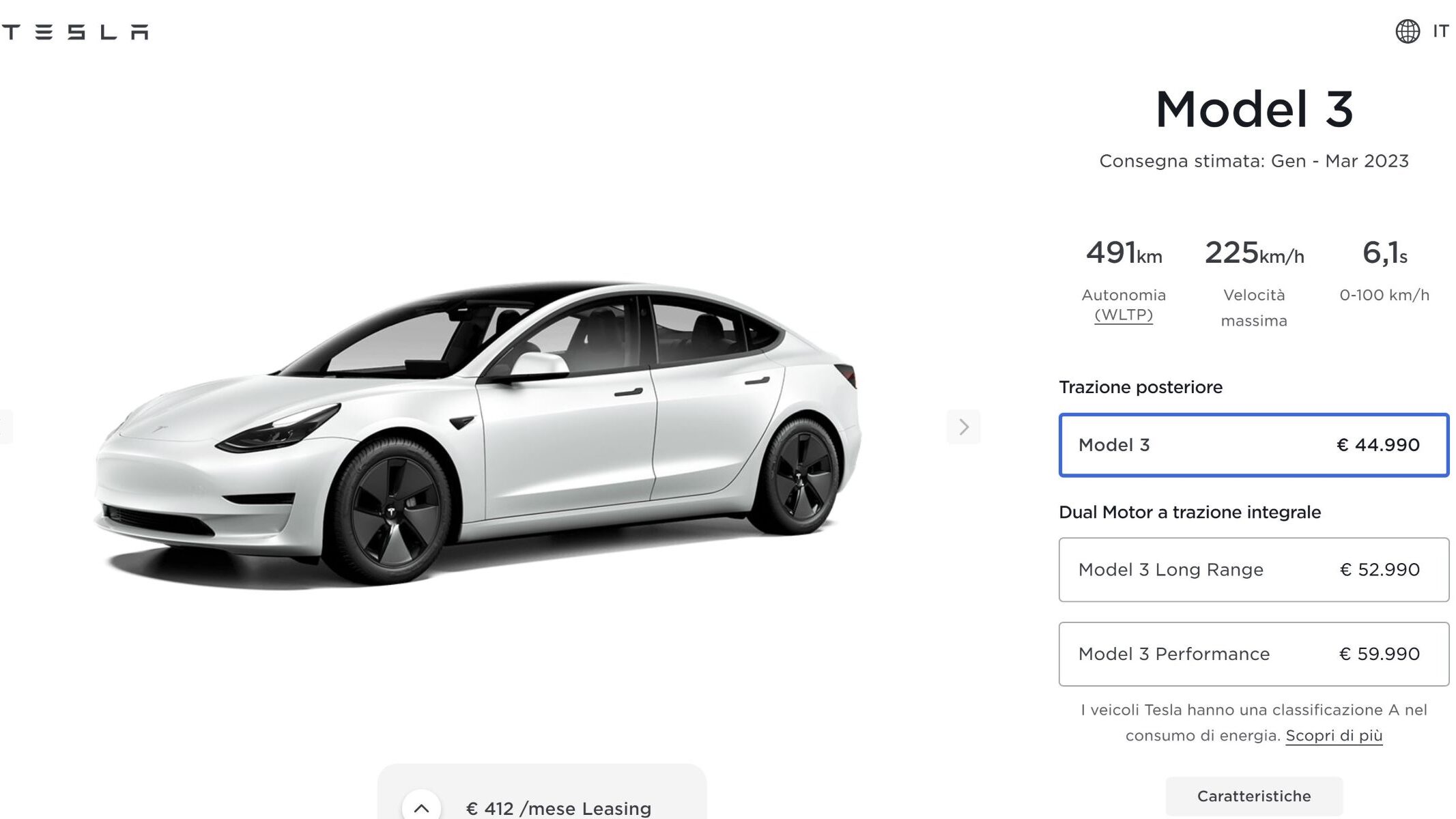 Tesla Model 3 modello base a 44.990 euro