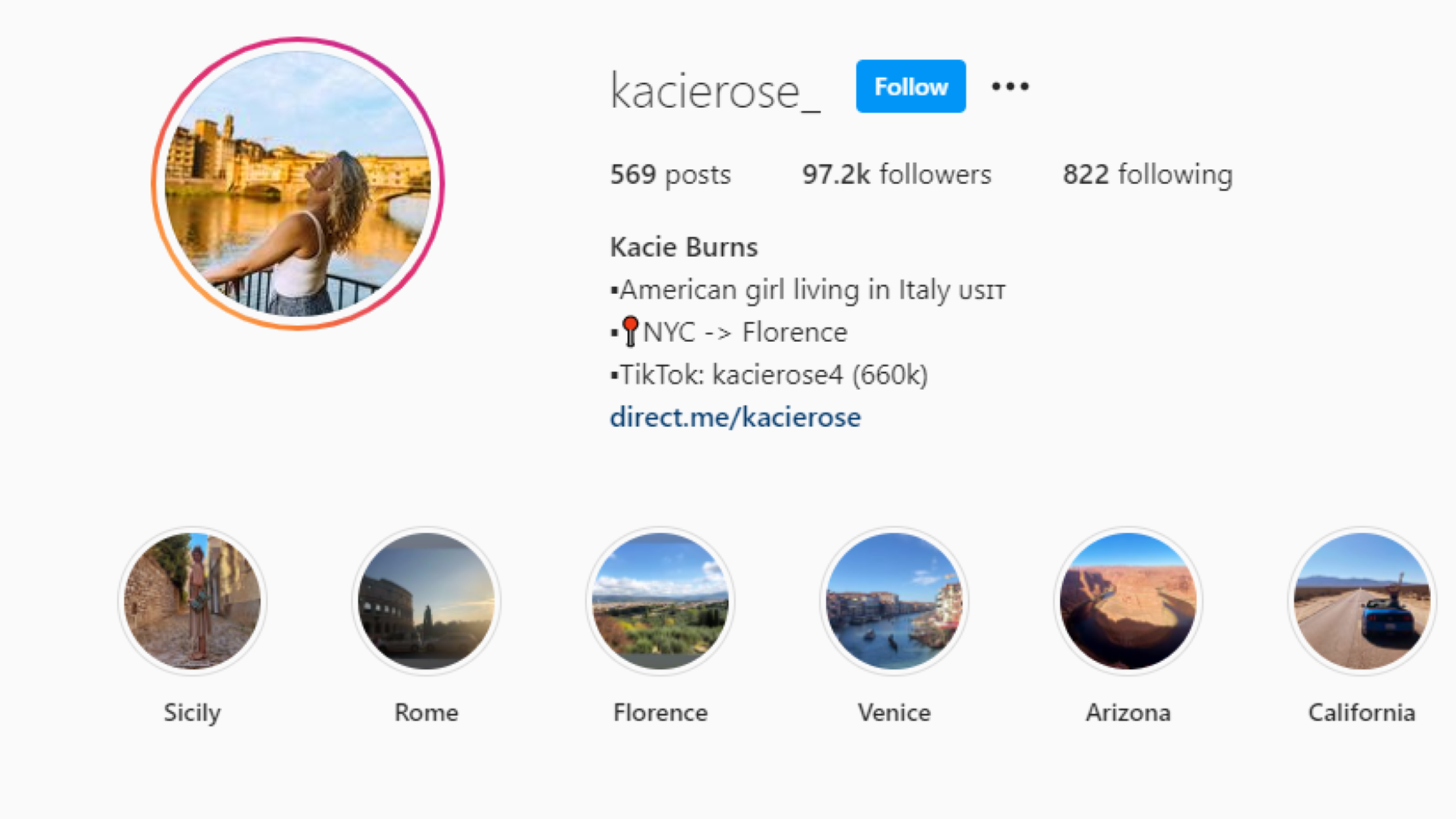 Profilo Instagram della creator Kacie Rose Burns
