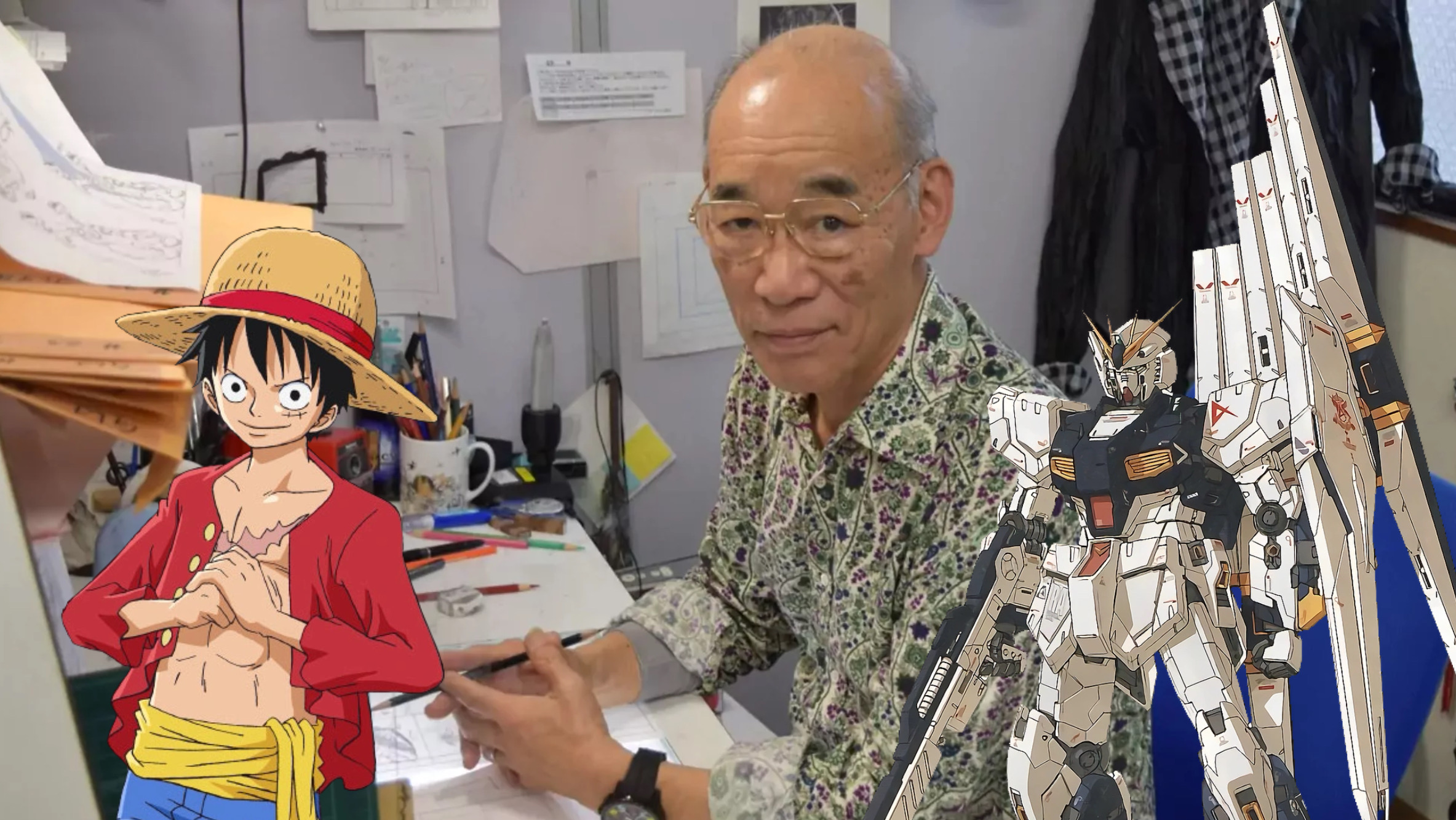 One Piece Luffy con Tomino e il Nu Gundam