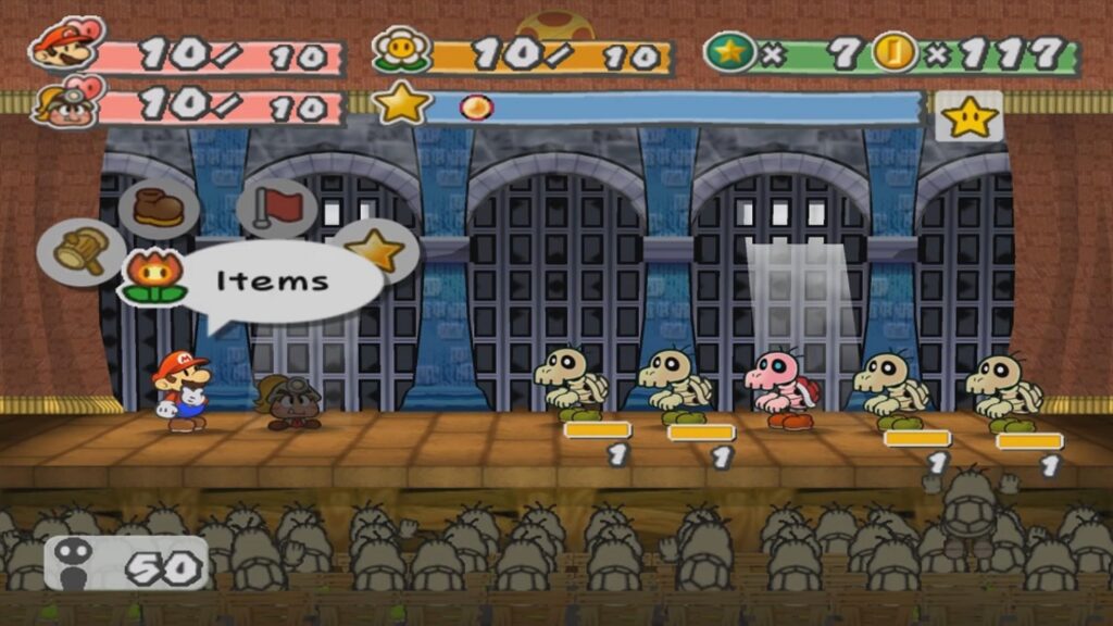 Una scena di combattimento tratta da Paper Mario: Il Portale Millenario 