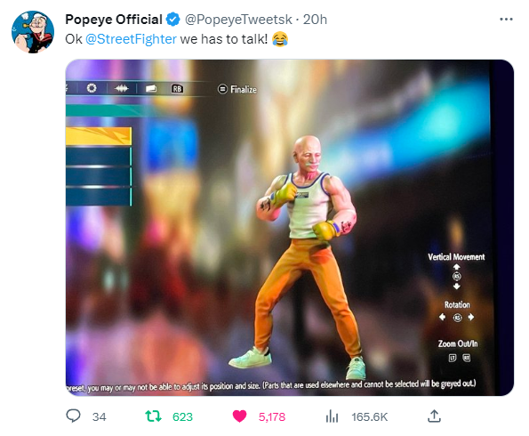 Screenshot del Tweet dell'account ufficiale di Braccio di Ferro che mostra il suo avatar su Street Fighter 6