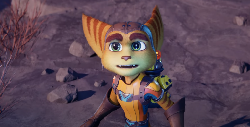 Ratchet, uno degli iconici protagonisti della serie, in una cutscene presa dal capitolo Rift Apart