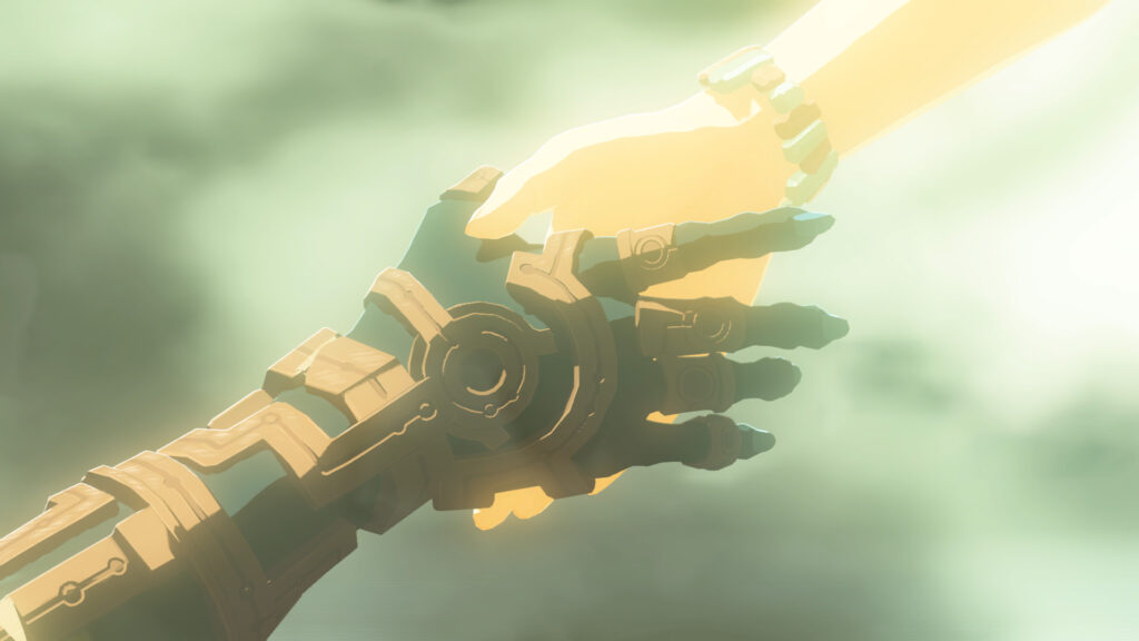 Zelda: Tears of the Kingdom - Link afferra la mano di Zelda