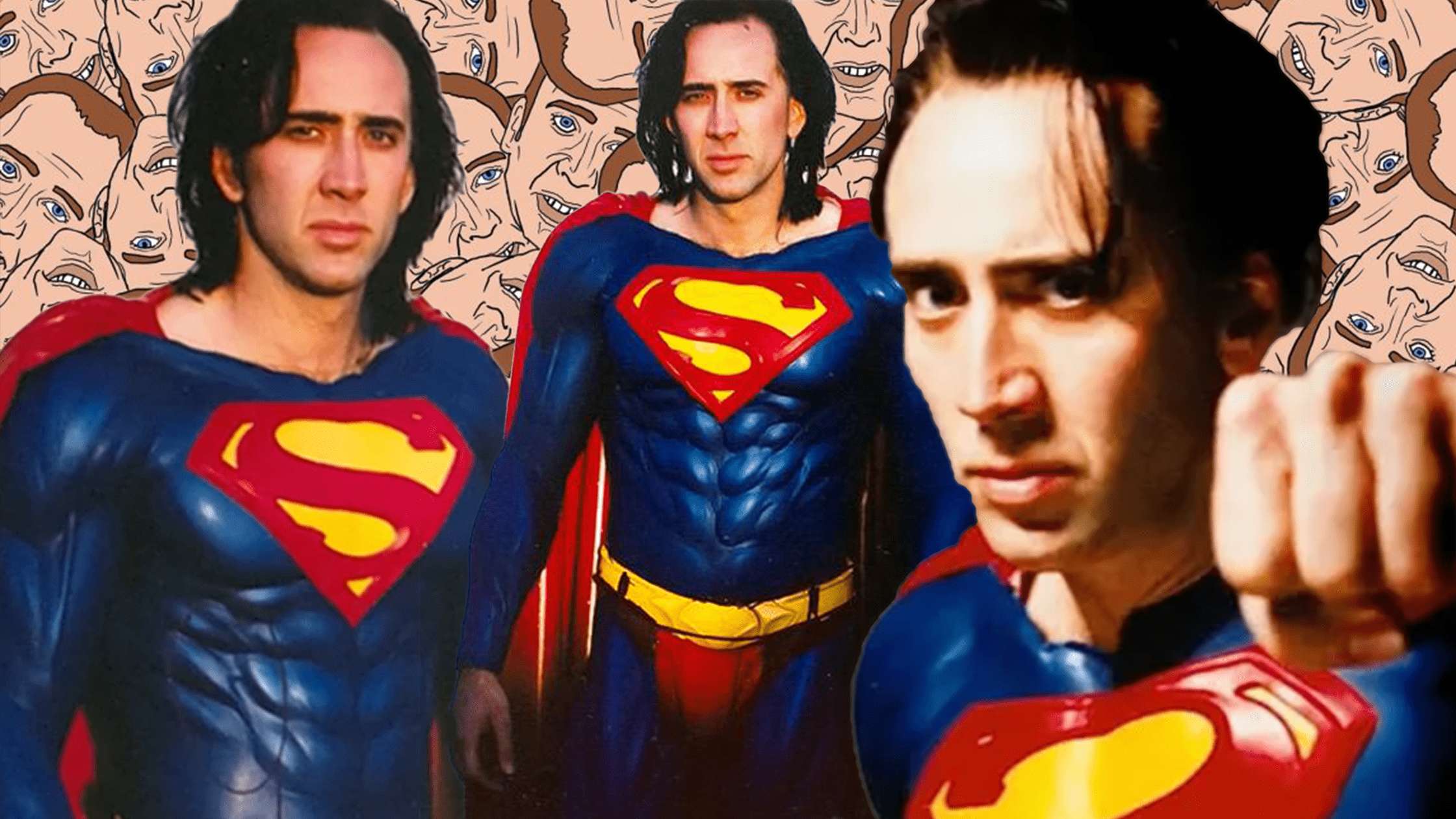 Nicolas Cage vestito da Superman sopra uno sfondo di facce di Nicolas Cage The Flash