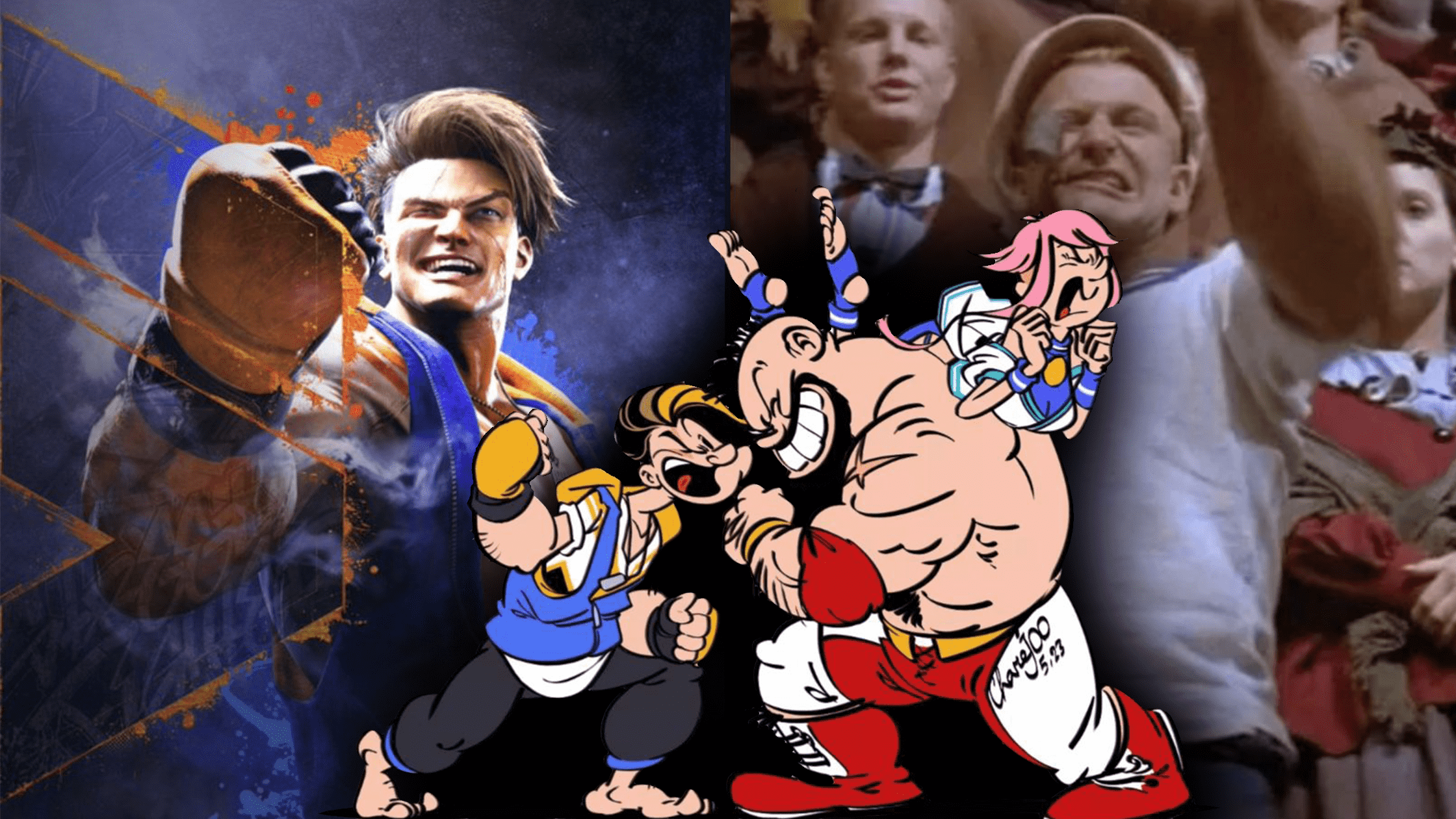Luke di Street Fighter 6 e Braccio di Ferro a confronto con fanart di Luke Zangief e Manon in stile cartoon