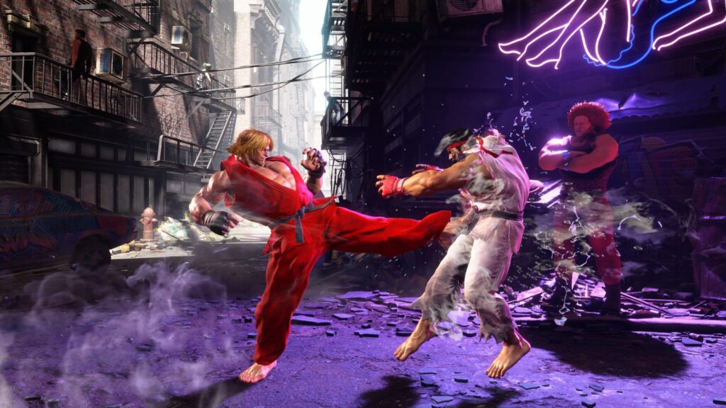 Street Fighter 6 Ryu vs Ken con costumi classici nostalgia a Metro City