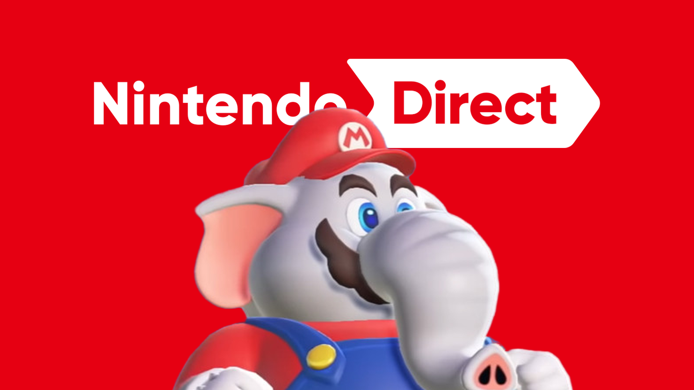 Super Mario elefante sopra simbolo Nintendo Direct