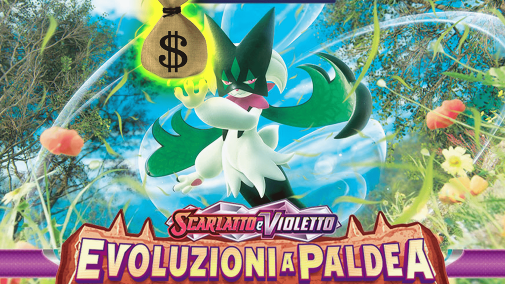 Top 5 carte pokemon più costose del momento Evoluzioni a Paldea meowscarade tiene sacchetto di soldi