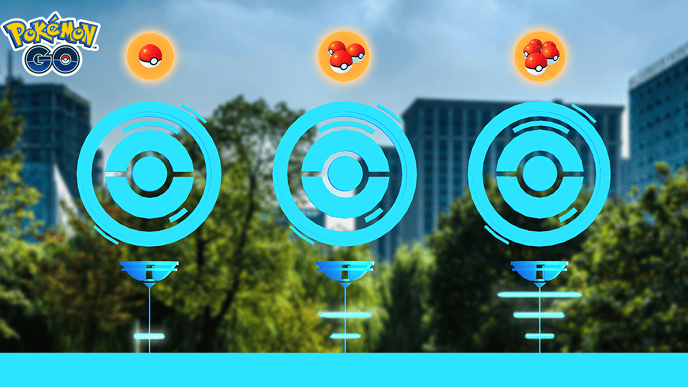 Tre simboli del PokeStop di Pokemon GO sopra uno sfondo di parco urbano