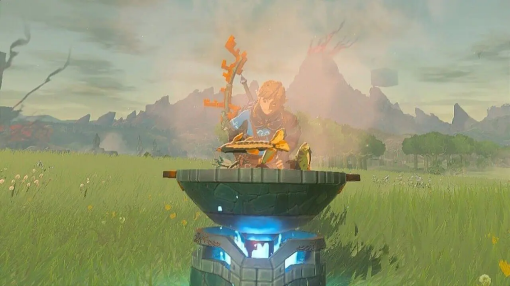 Link di Zelda Tears of the kingdom cucina canticchiando su una pentola in mezzo a un prato di Hyrule con un vulcano dietro le spalle