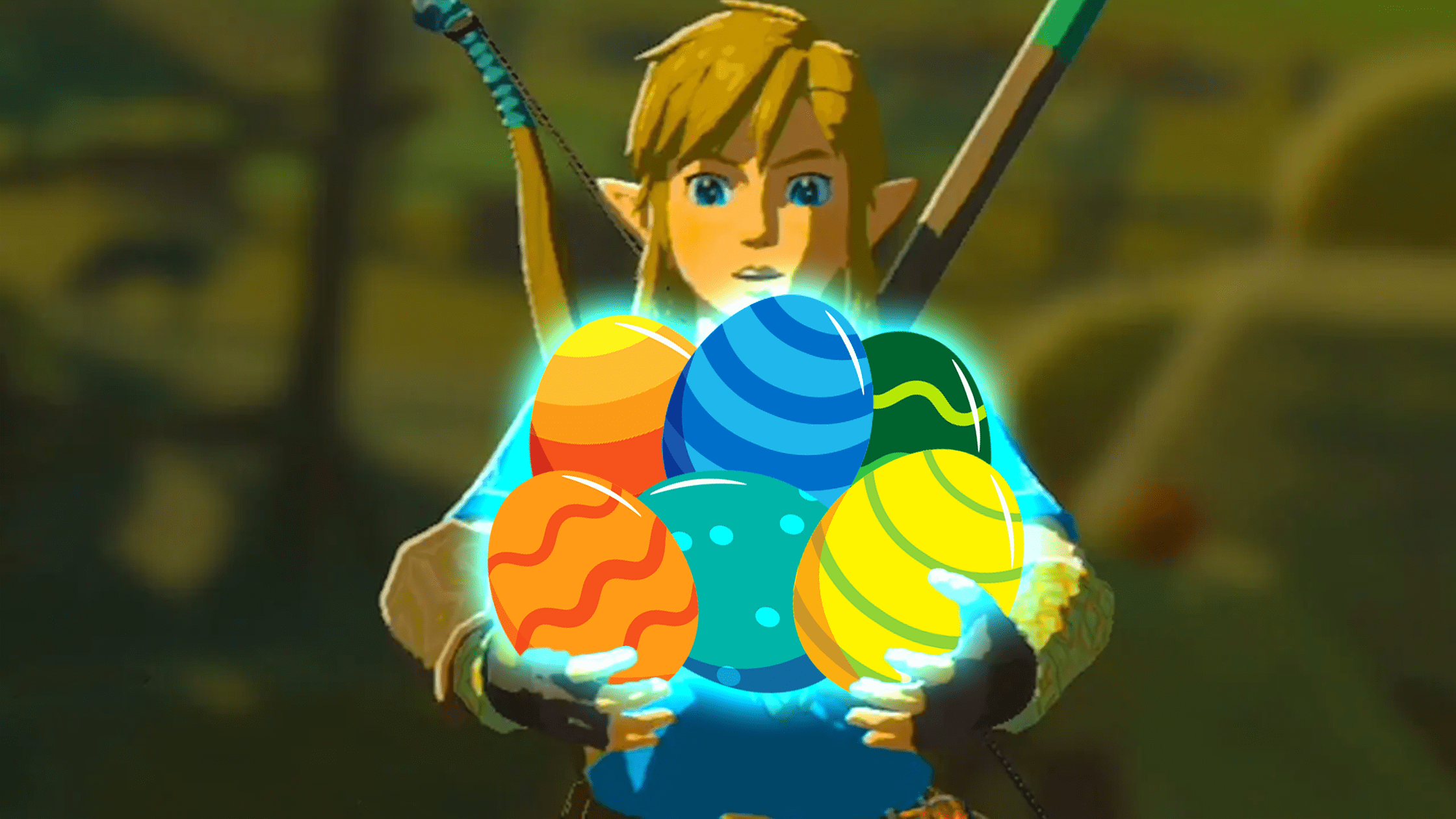 Link di Zelda Tears of The Kingdom stupito tiene in mano delle uova pasquali luminose, c'è un easter egg mentre cucina