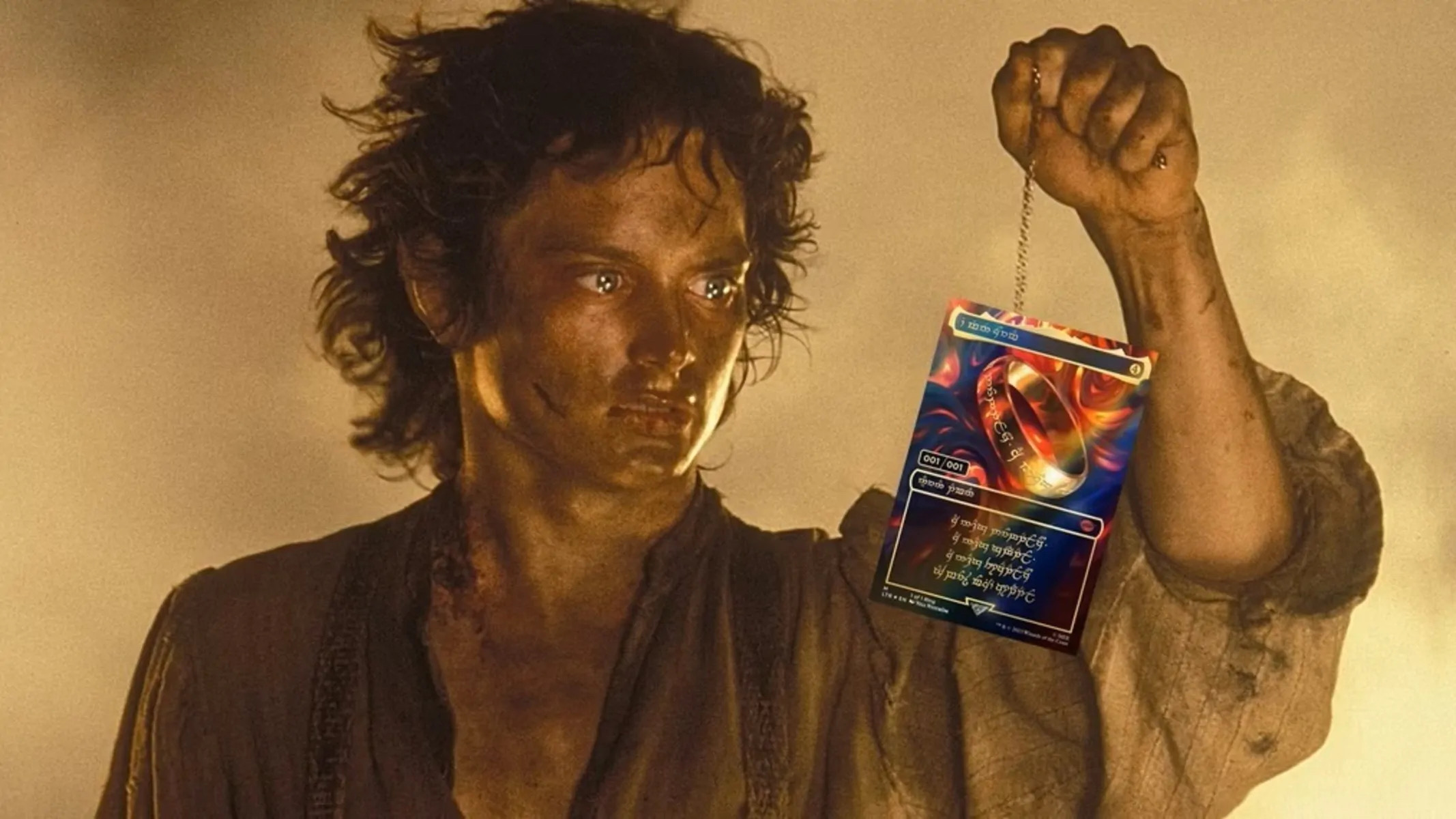 Frodo de Il Signore degli Anelli con la carta di Magic dell'Unico Anello