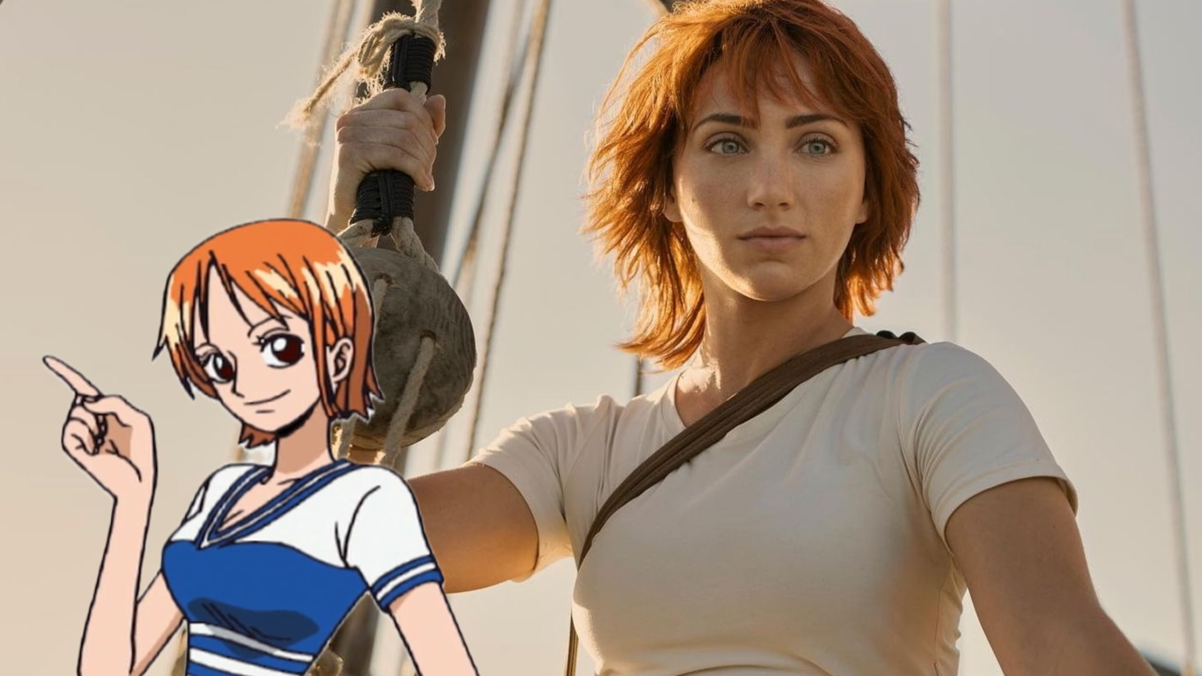 Nami di One Piece, a destra la versione del manga, a sinistra Emily Rudd nel live-action