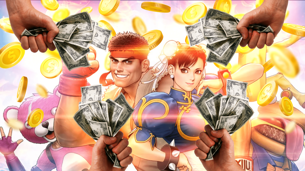 Street Fighter 6 guida agli zenny come farmare soldi Ryu e Chun Li sorridono attorniati da banconote e monete