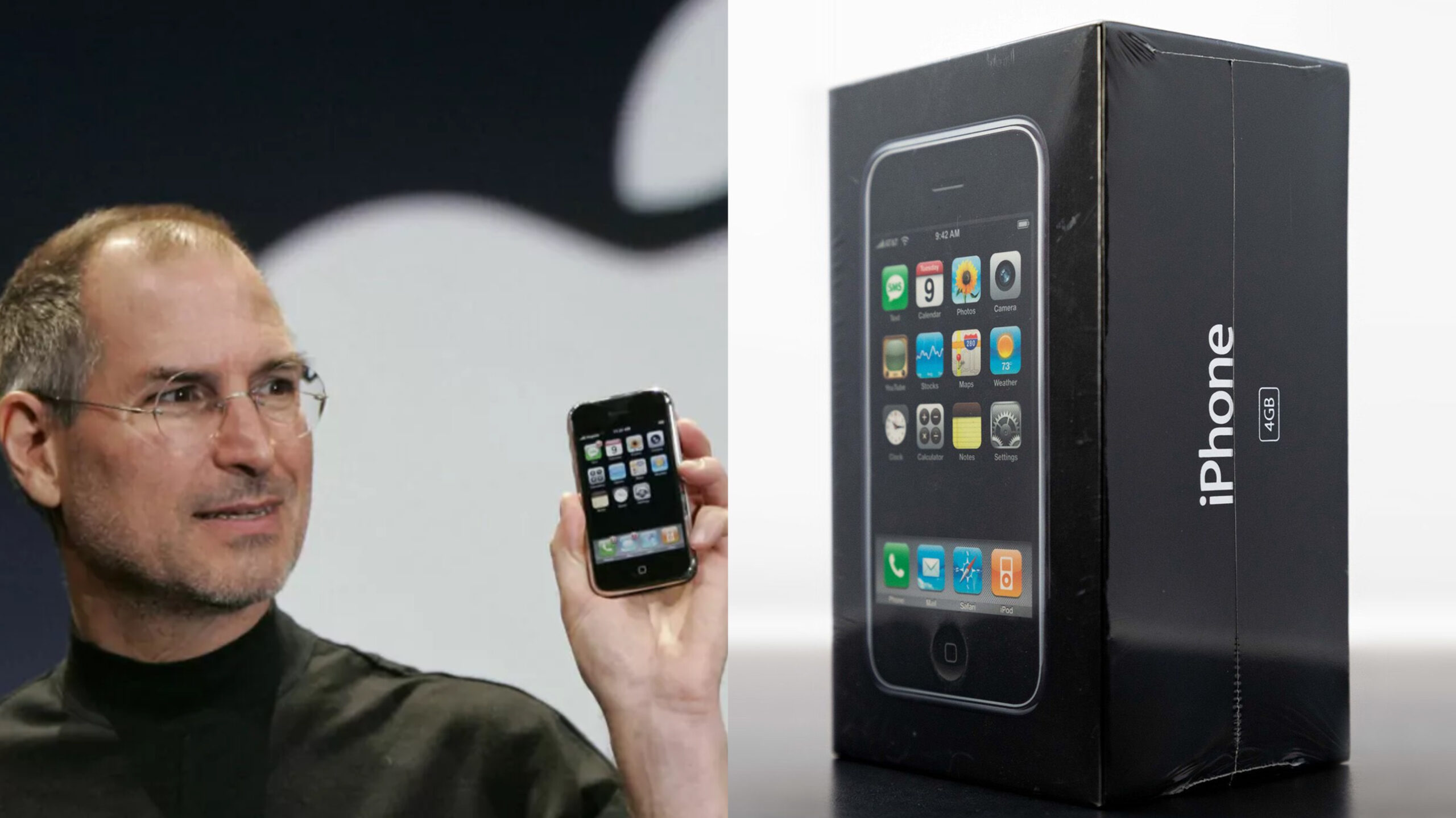 Steve Jobs presenta il primo Apple iPhone e un modello da 4GB di memoria
