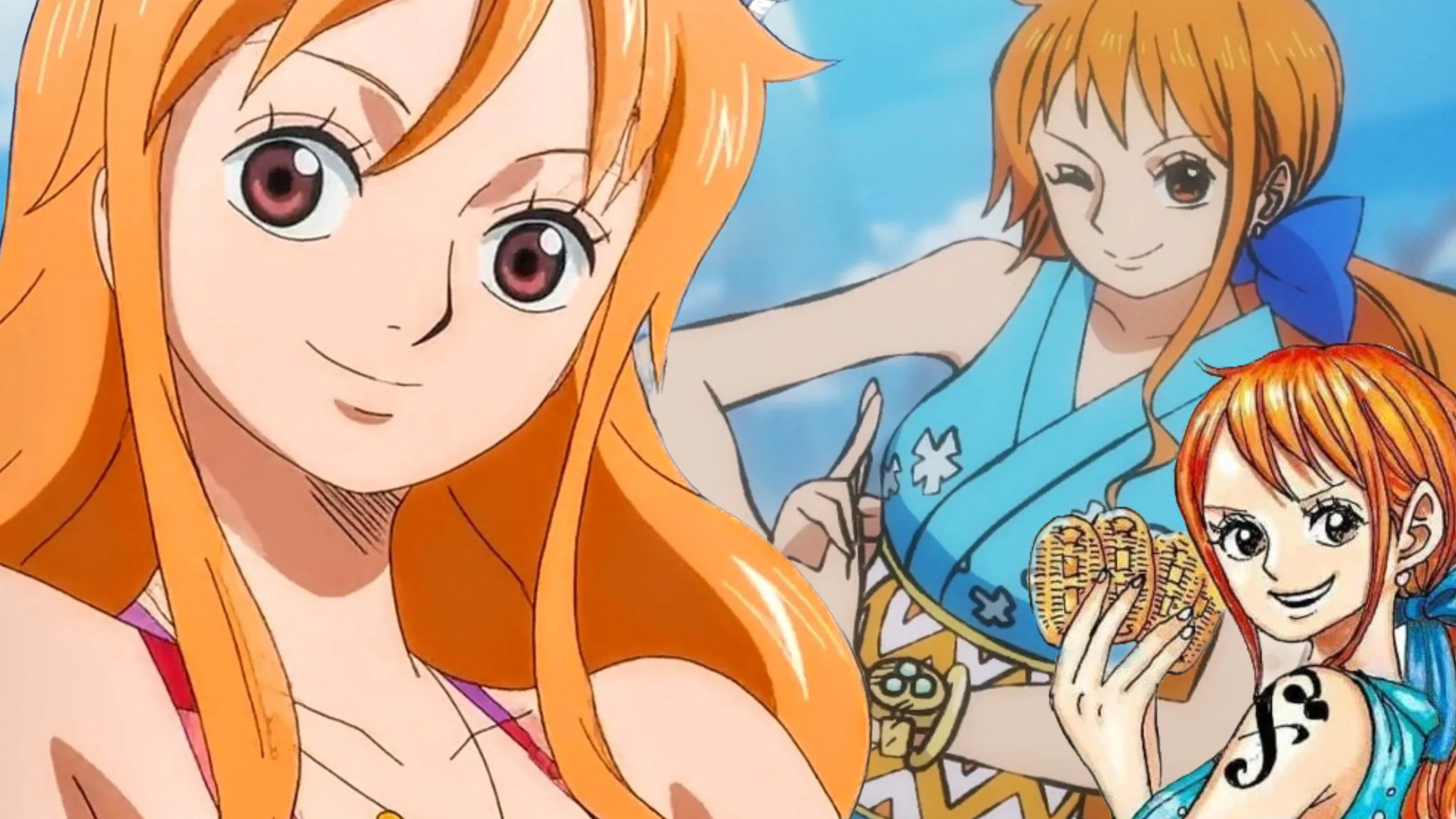 Tre immagini di Nami dell'anime e del manga di One Piece