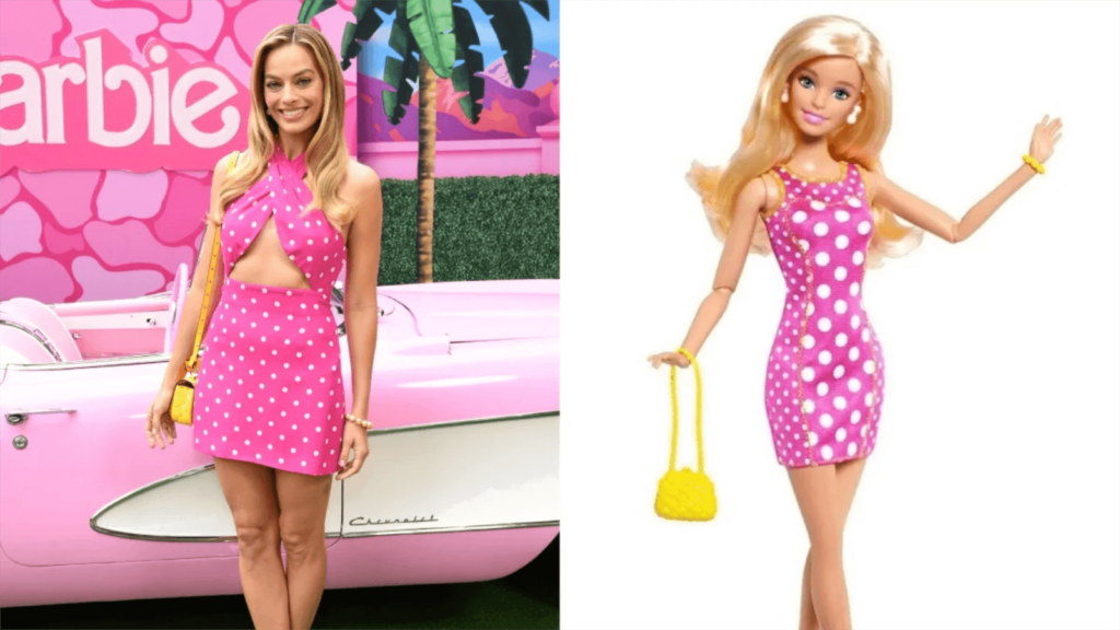 Margot Robbie con un vestito a pois di Barbie